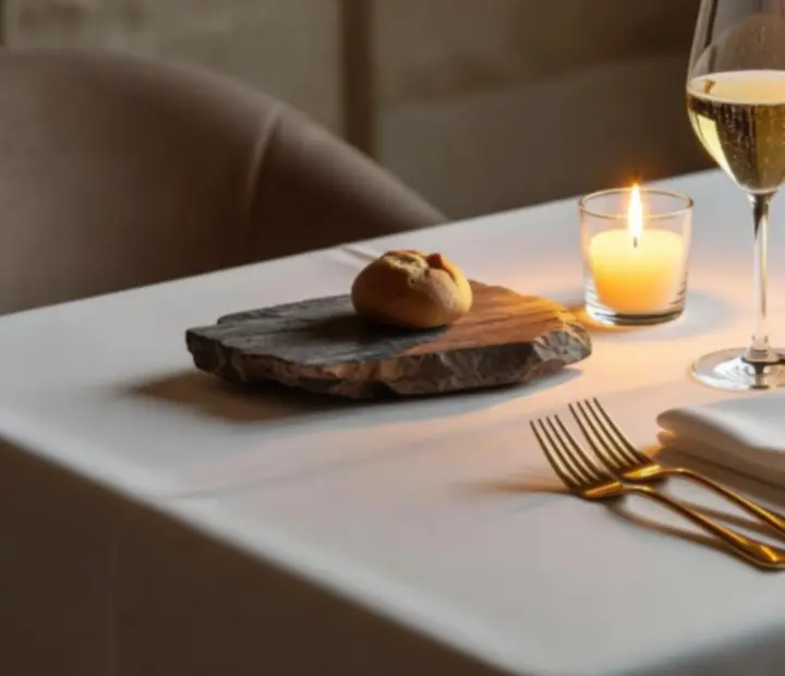 Détail d'une table éclairée à la bougie avec verrerie et argenterie