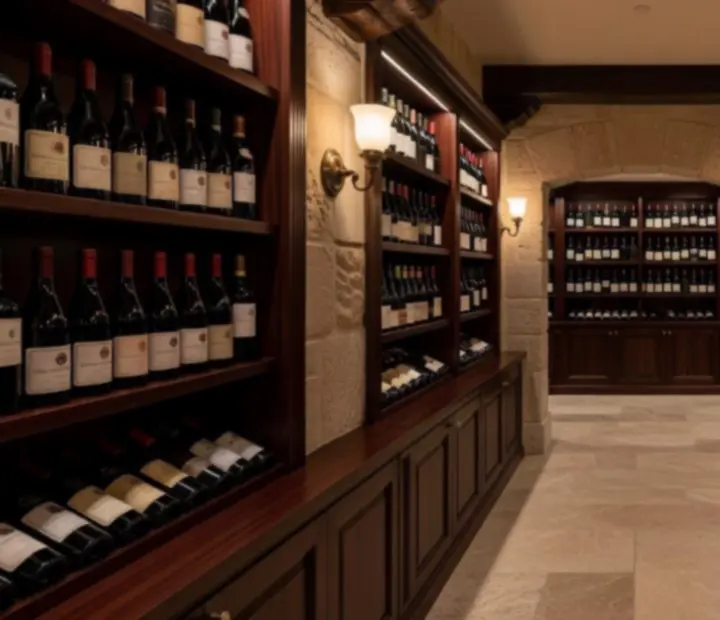 Vue cinématographique d'une cave à vins raffinée avec bouteilles parfaitement alignées