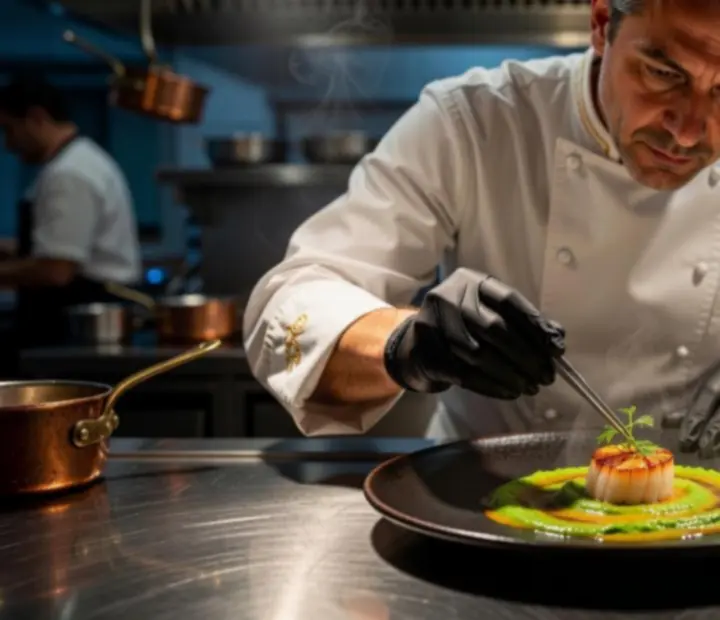 Chef dressant un plat gastronomique avec précision