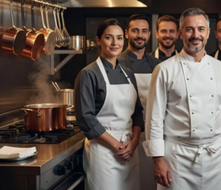 Portrait du chef exécutif et de sa brigade en cuisine