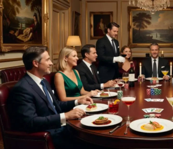 Convives dégustant des plats gastronomiques autour d’une table de poker