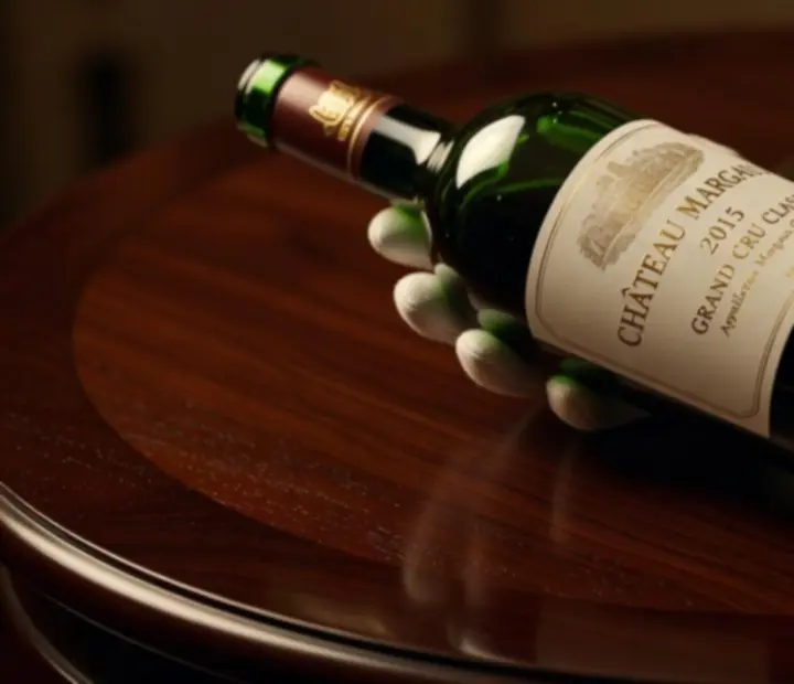 Bouteille de Grand Cru mise en scène sur une table élégante avec verre de dégustation