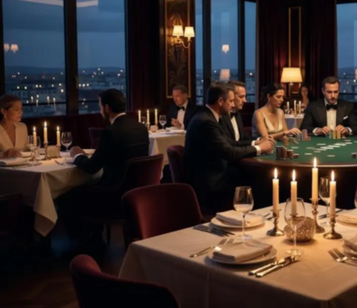 Table gastronomique et table de poker élégante dans une lumière tamisée