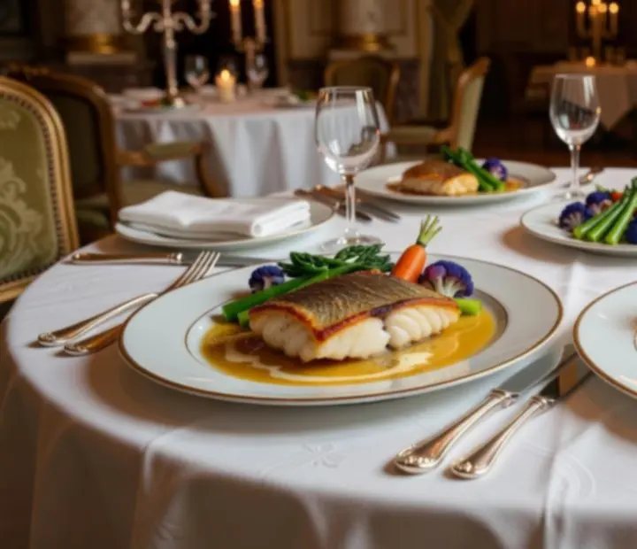 Plats gastronomiques dressés sur table en lumière tamisée