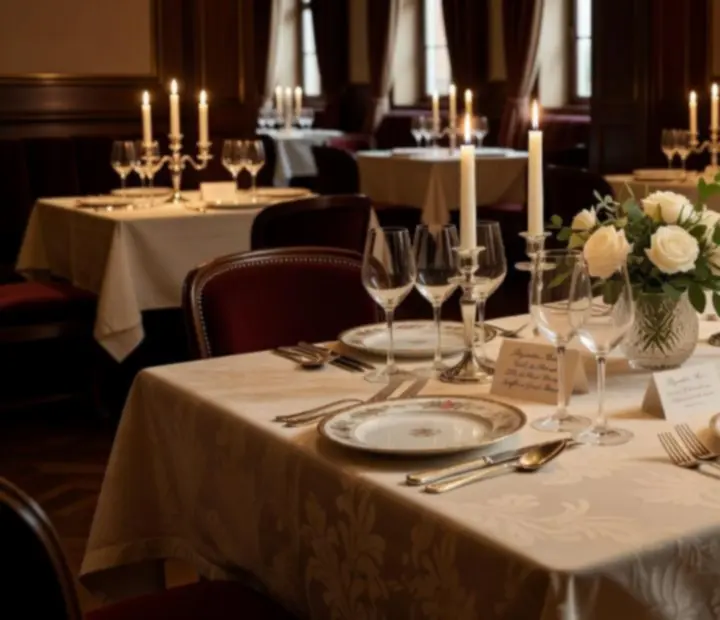 Table gastronomique dressée avec élégance dans une lumière tamisée