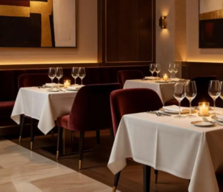 Intérieur élégant du restaurant Eendez Vous Guide, avec tables nappées et éclairage tamisé