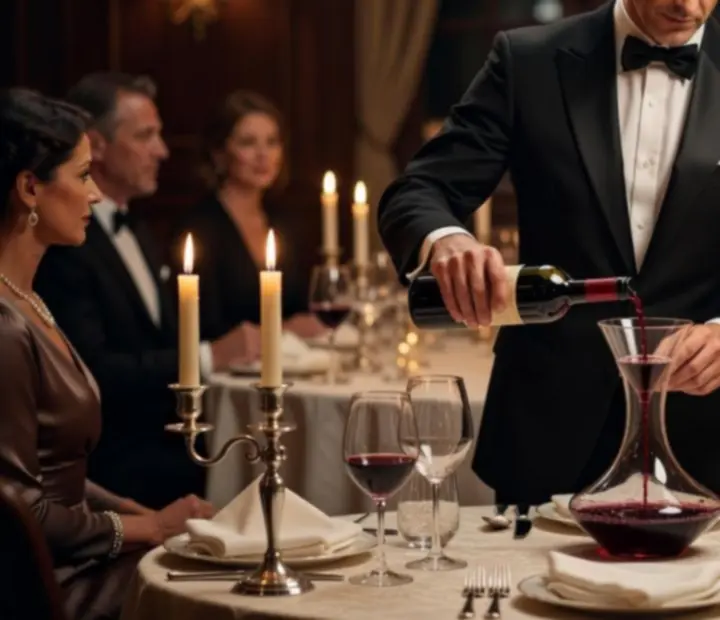 Sommelier servant un verre de vin dans une salle élégante à la lumière des bougies