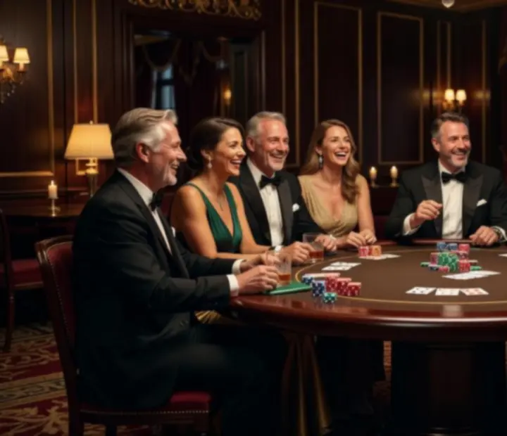 Invités élégants partageant une soirée poker gastronomique