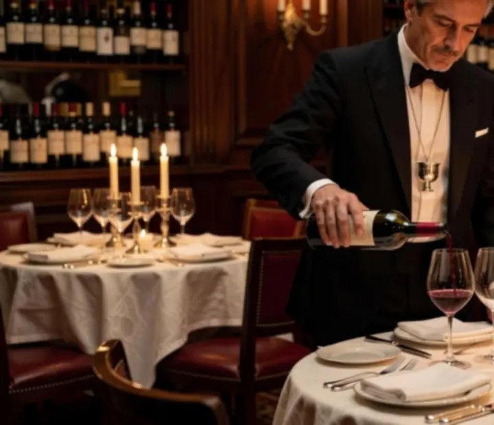 Sommelier servant un verre de vin dans une salle élégante